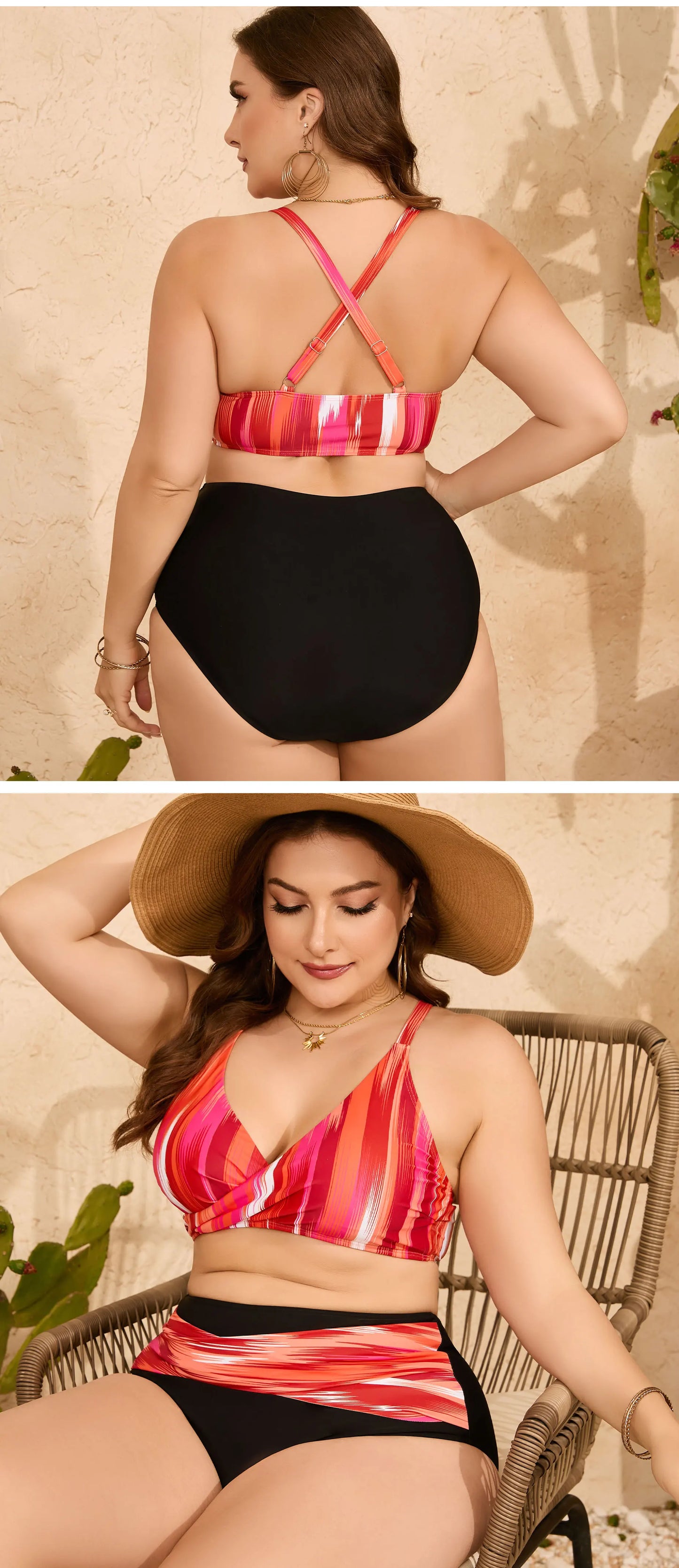 VigoJany 2025 Print Strapped 2 Piece Plus Size Bikini Set Women Cross Push UP Swimsuit High Waist Brazilian Lady Bathing Suit