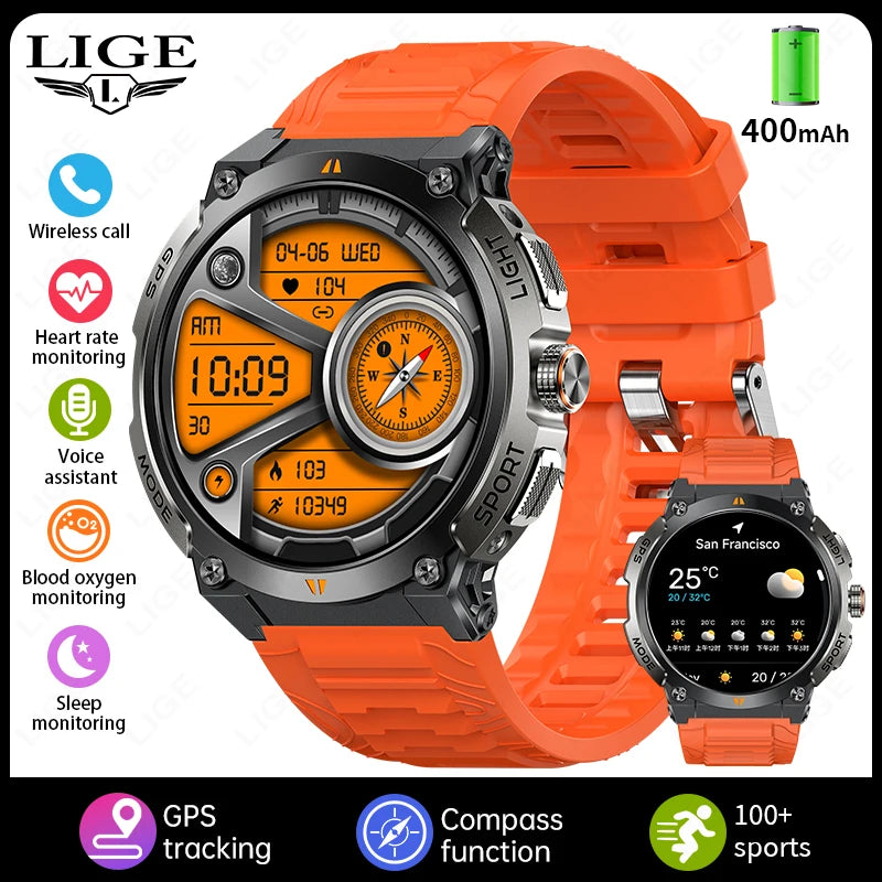 LIGE - Nuevo reloj inteligente con GPS para hombre, llamadas Bluetooth, batería grande de 400 mAh, pantalla AMOLED de 1,43 pulgadas, voz IA, IP68, resistente al agua