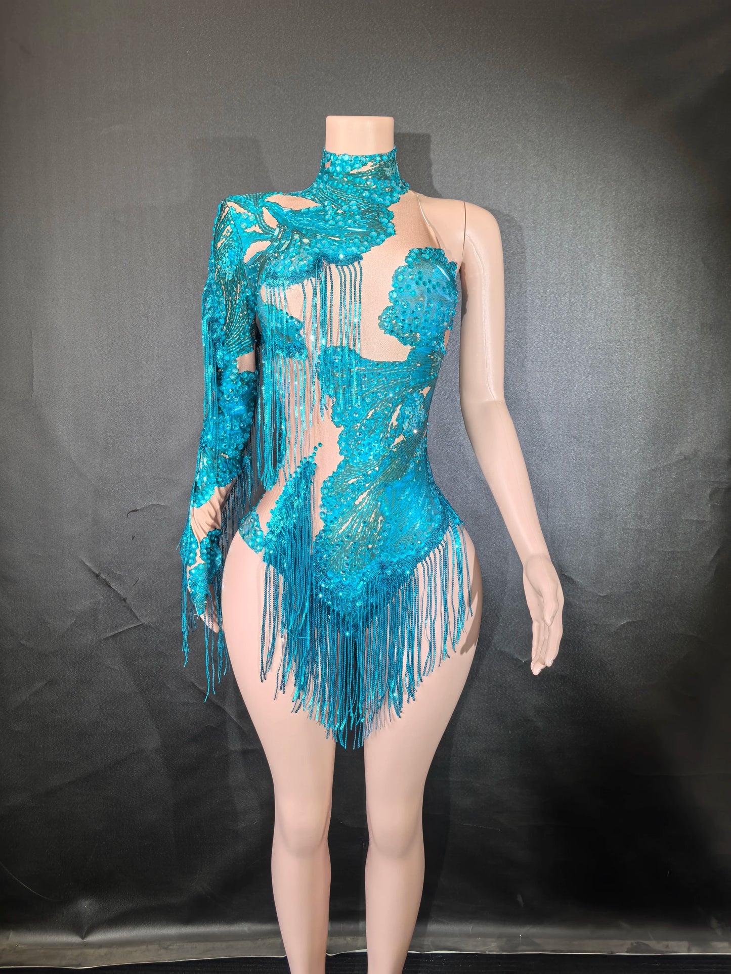 Sexy Skinny Leotard Singer Dancer Show StageWear Sparkly Blue Rhinestones Women DanceCostume Fringes One Shoulder Bodysuit 7G