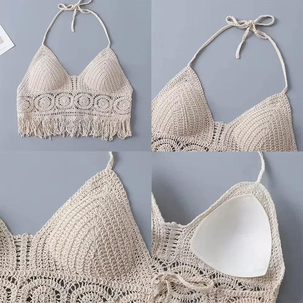 Ropa interior estilo bohemio para mujer, con flecos, espalda descubierta, cuello halter, lazo, bordado, tirantes con borlas, chaleco corto sin mangas