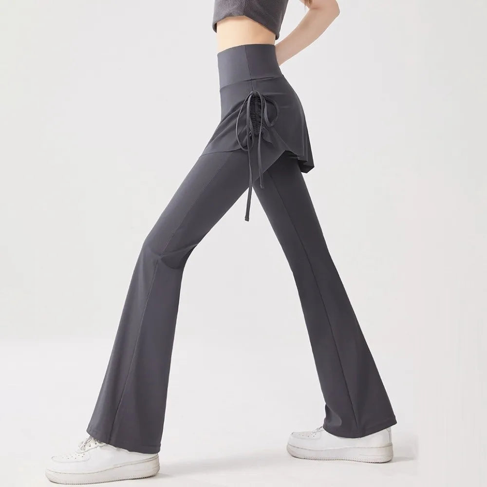 Leggings deportivas 2 en 1 con diseño de falda, dobladillo acampanado, cintura alta y cordón ajustable para yoga, actividades al aire libre y fitness.