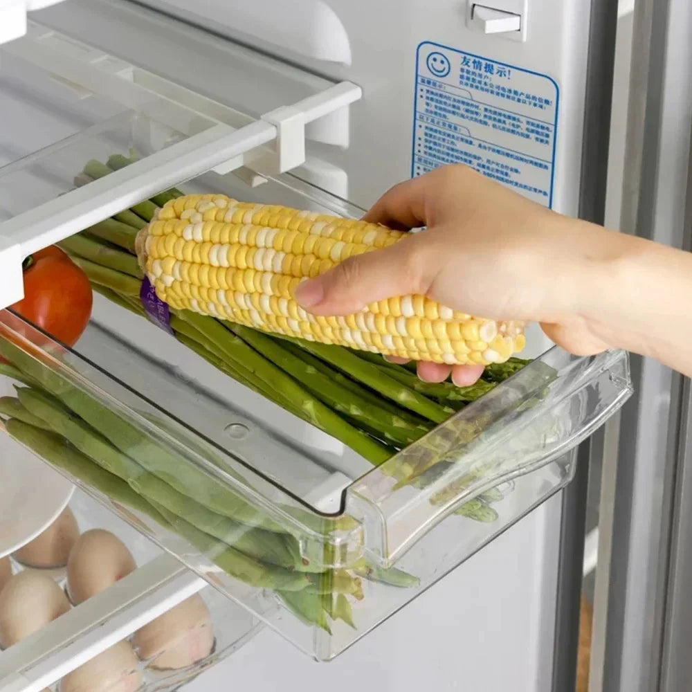 Organizador de refrigerador transparente, caja de almacenamiento para huevos de frutas, cajón debajo del estante, organizador de cocina para mantener la frescura.