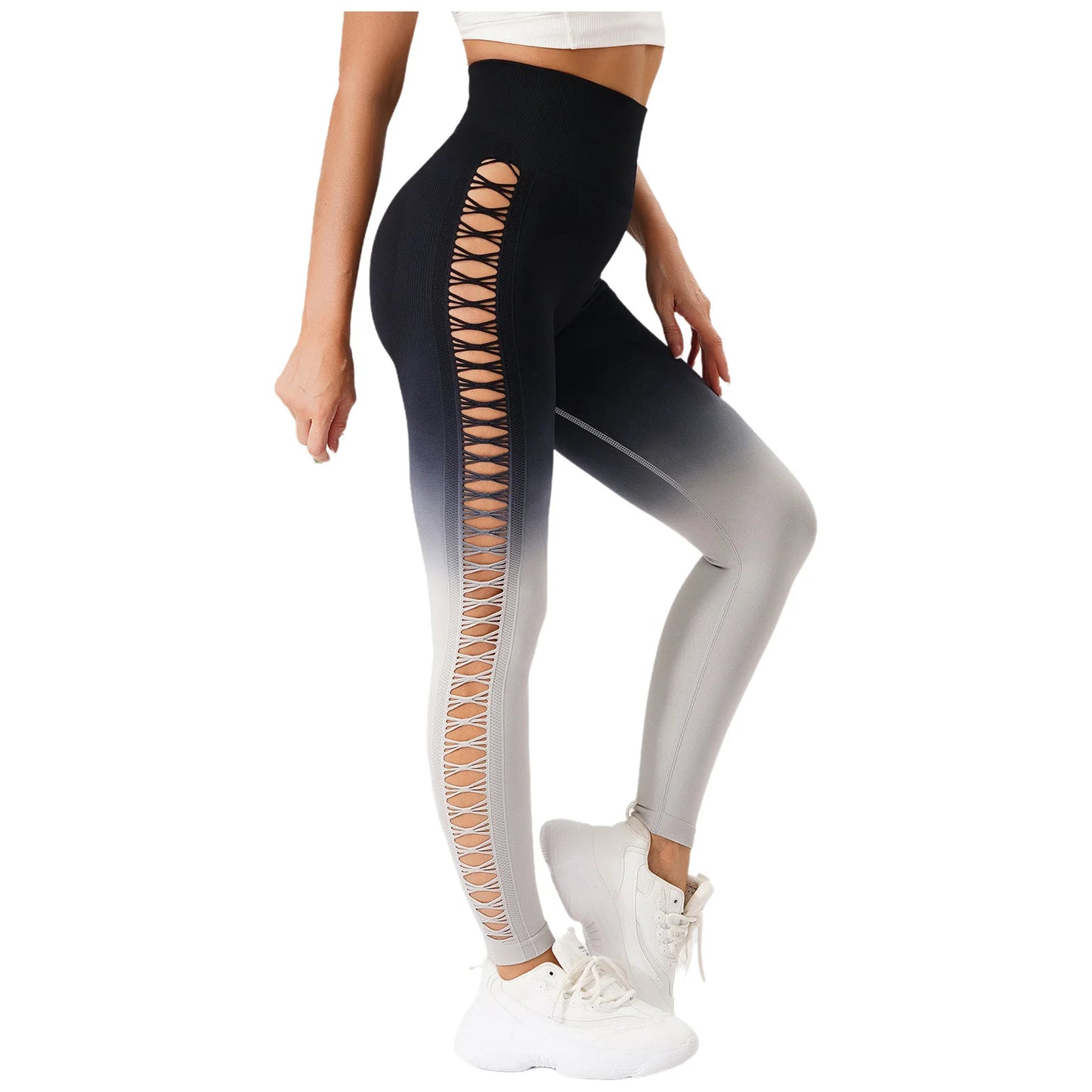 Womens Hip Tight Yoga Pants High Waist Side Hollowed-Out Mesh Design Exercise Yoga Leggings Running Gym Fitness