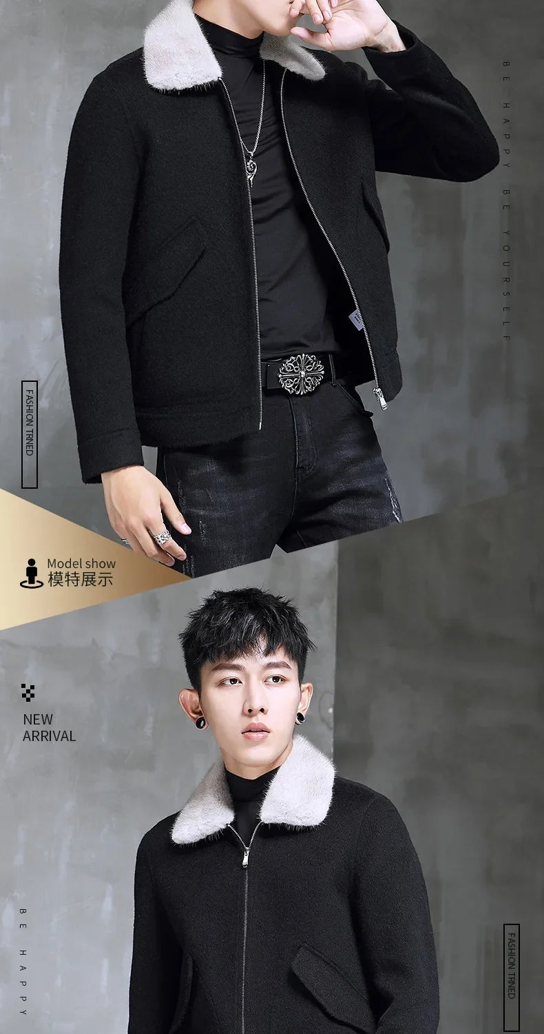 AYUNSUE Spring Autumn Wool Coat Men Double-sided Alpaca Jacket Mink Fur Collar Mens Coats and Jackets Overcoat 1970B KJ3859