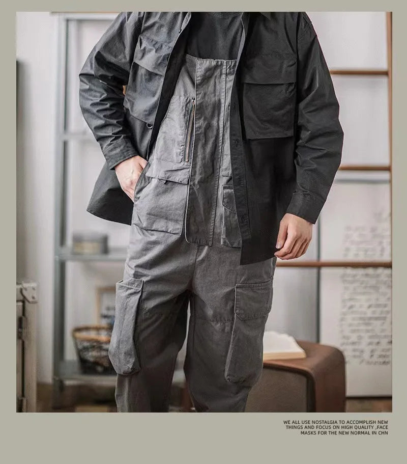 Retro American Cotton Overalls Bibs Loose Washing Jumpsuit Men's Suspenders Four Seasons Full Length Baggy Pants