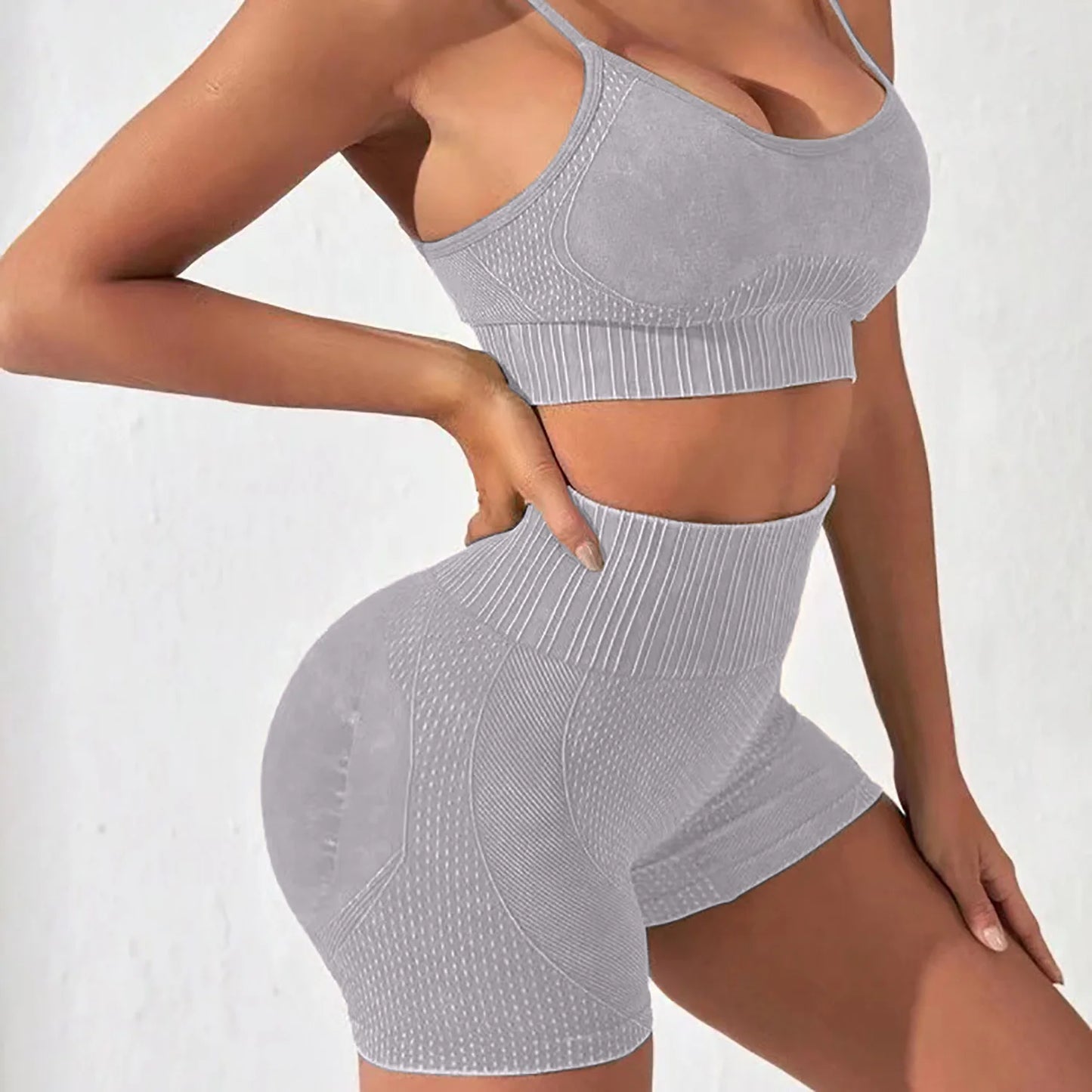 Conjunto de yoga, pantalones cortos de gimnasio, conjuntos para mujer, sin costuras, esmerilado, top corto de fitness, leggings de cintura alta, conjuntos deportivos, entrenamiento, correr, ropa deportiva