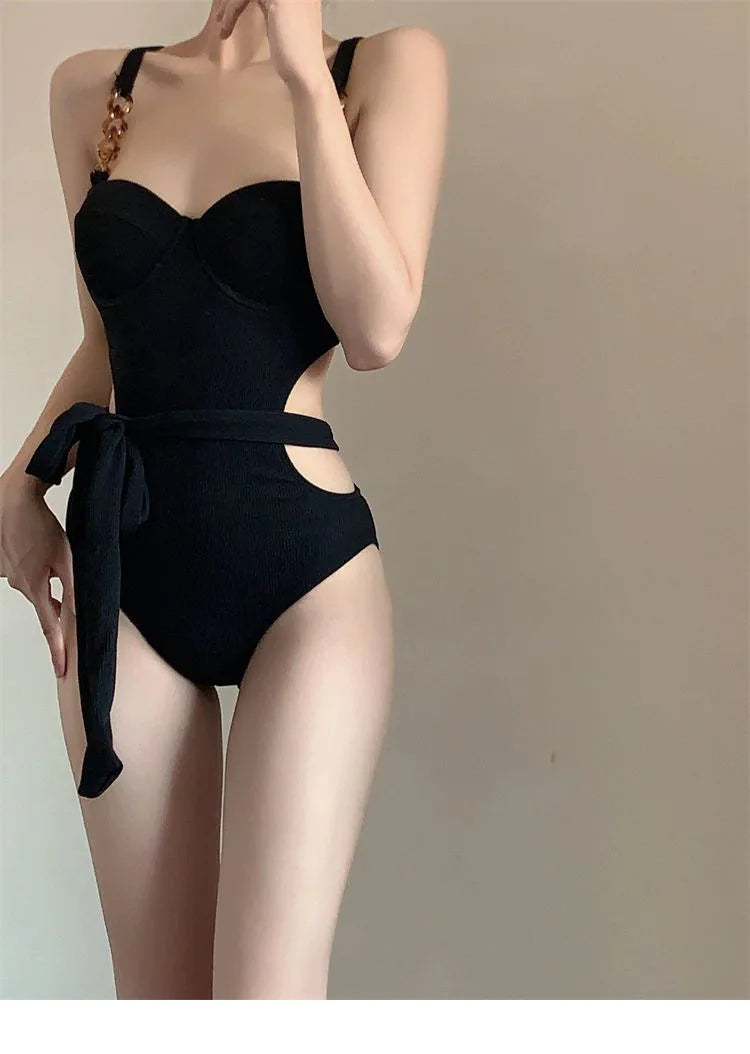 Sexy Fashion Swimsuit One Piece Black and Beige Underwire Bikinis with Waist Tie Hollow Bodysuits Bikinis Padded Swimwear