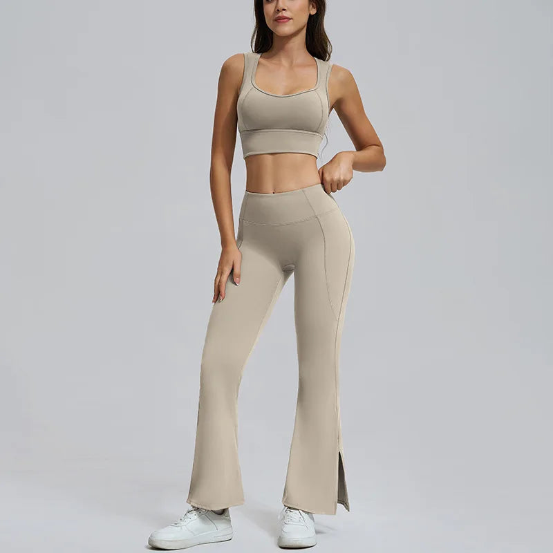 Conjuntos de yoga para mujer, sujetador deportivo con espalda hueca y amortiguación, leggings de cintura alta y acampanados, ropa de gimnasio, ropa para correr y entrenar.