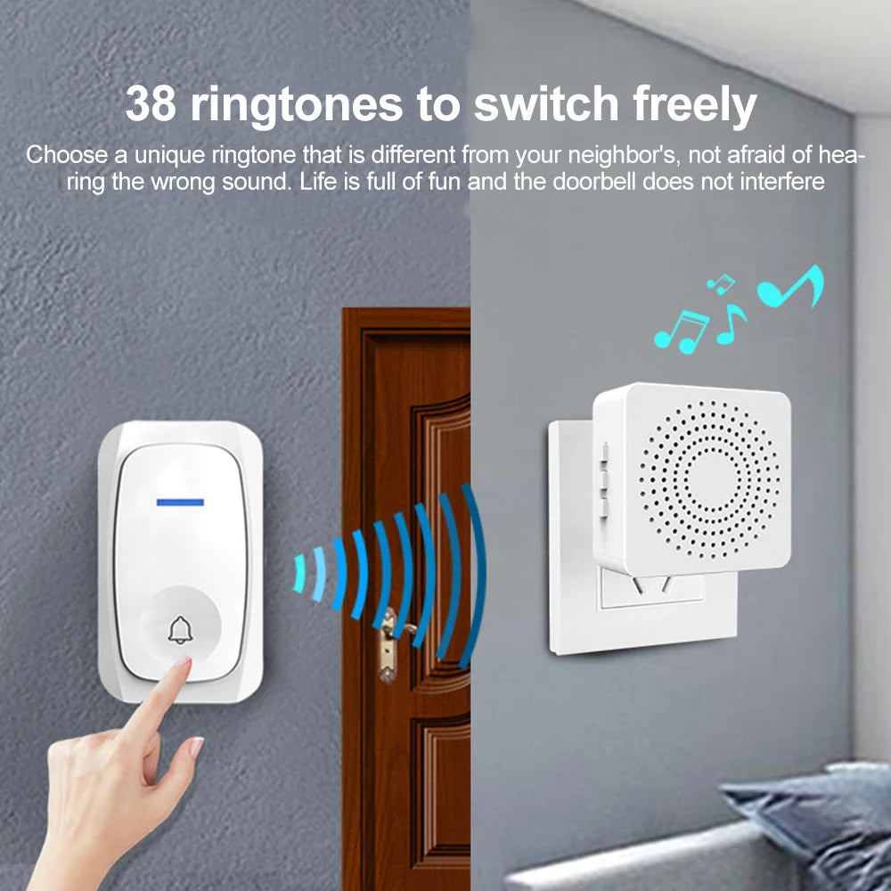 Timbre inalámbrico USB, timbre inteligente de bienvenida, volumen de tres velocidades, 38 melodías, timbre para casa, llamada de cama, llamada de emergencia