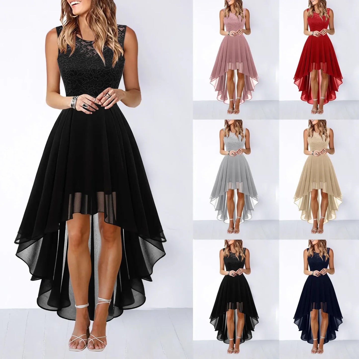 Primavera Verano 2025 Vestido de noche de encaje ceñido con cintura ahuecada Falda midi Sin mangas Cuello redondo Tejido de poliéster Cintura imperio