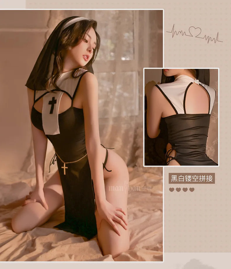 Japanese Erotic Sexy Nun Costume Women Cosplay Lingerie Gothic Maid Costume Nun Dress Anime Roleplay Halloween Sex Porno Clothes