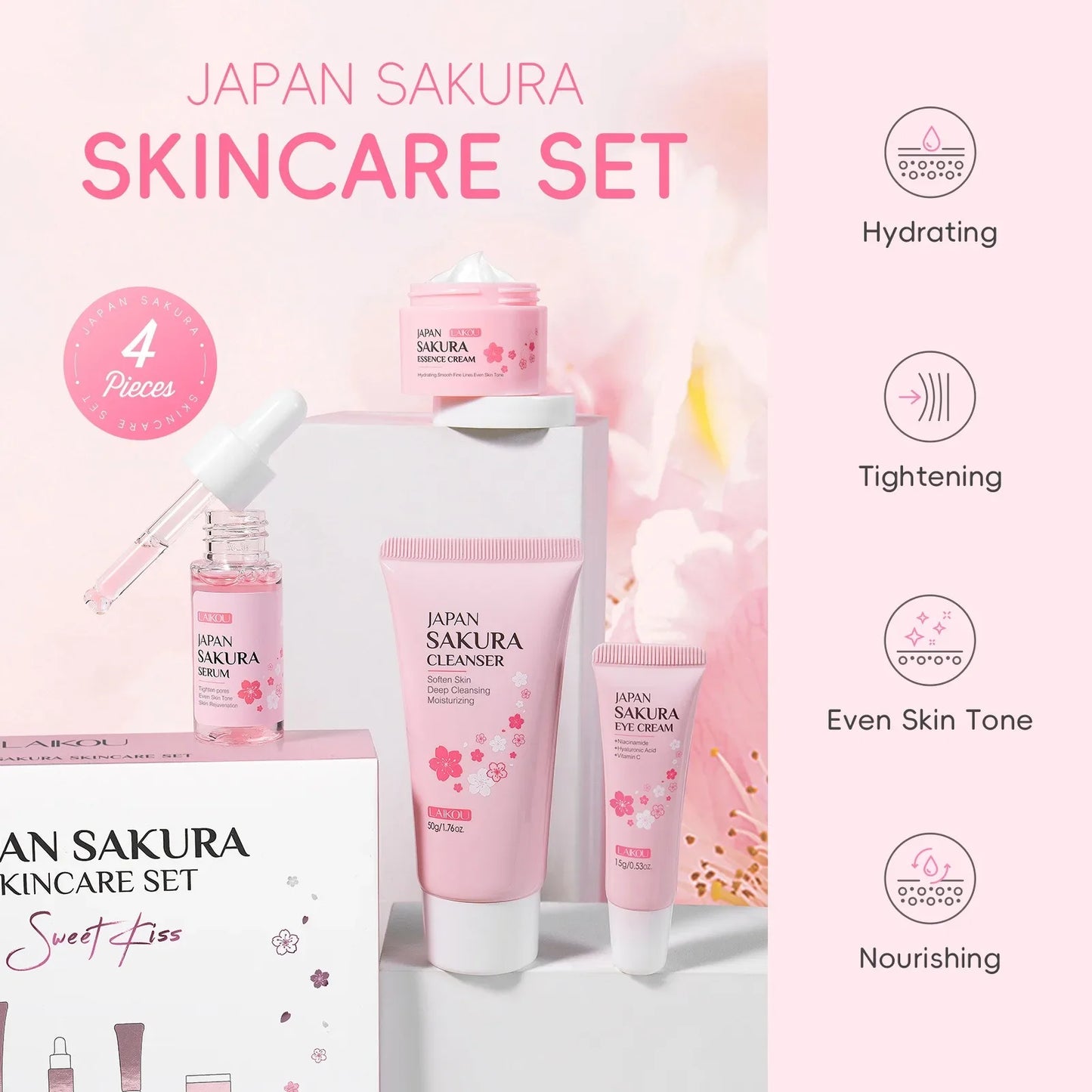 Set de 4 piezas para el cuidado facial: Limpiador, crema Sakura Essence, crema hidratante para ojos, suero facial para mejorar la aspereza y la sequedad de la piel.
