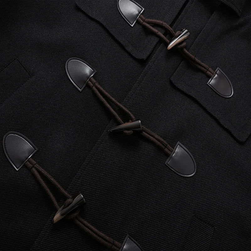 Autumn Men Thick Hooded Trench Coat Men Korean Wool Blends Overcoat Men Casual Horn Button Woollen Coat Black Warm Loose Coat