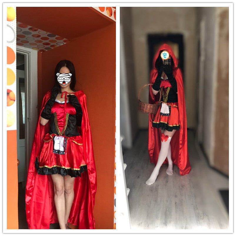 Women Little Red Riding Hood Costume Fancy Adult Halloween Cosplay Fantasia Carnival Fairy Tale Girl Dress+Cloak Women Party Set