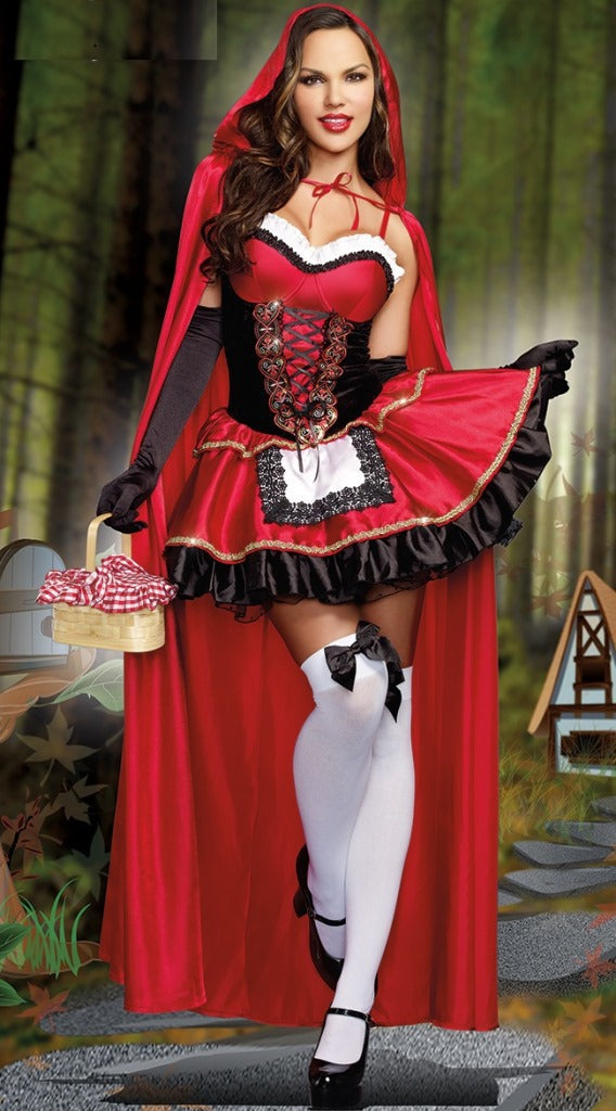 Women Little Red Riding Hood Costume Fancy Adult Halloween Cosplay Fantasia Carnival Fairy Tale Girl Dress+Cloak Women Party Set
