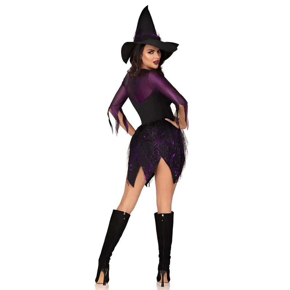 3 Piece 2025 Sexy Underwear Women Witch Long Sleeves Short Purple Triangle Lace Dress With High Hat Role Playing Cosplay Costume