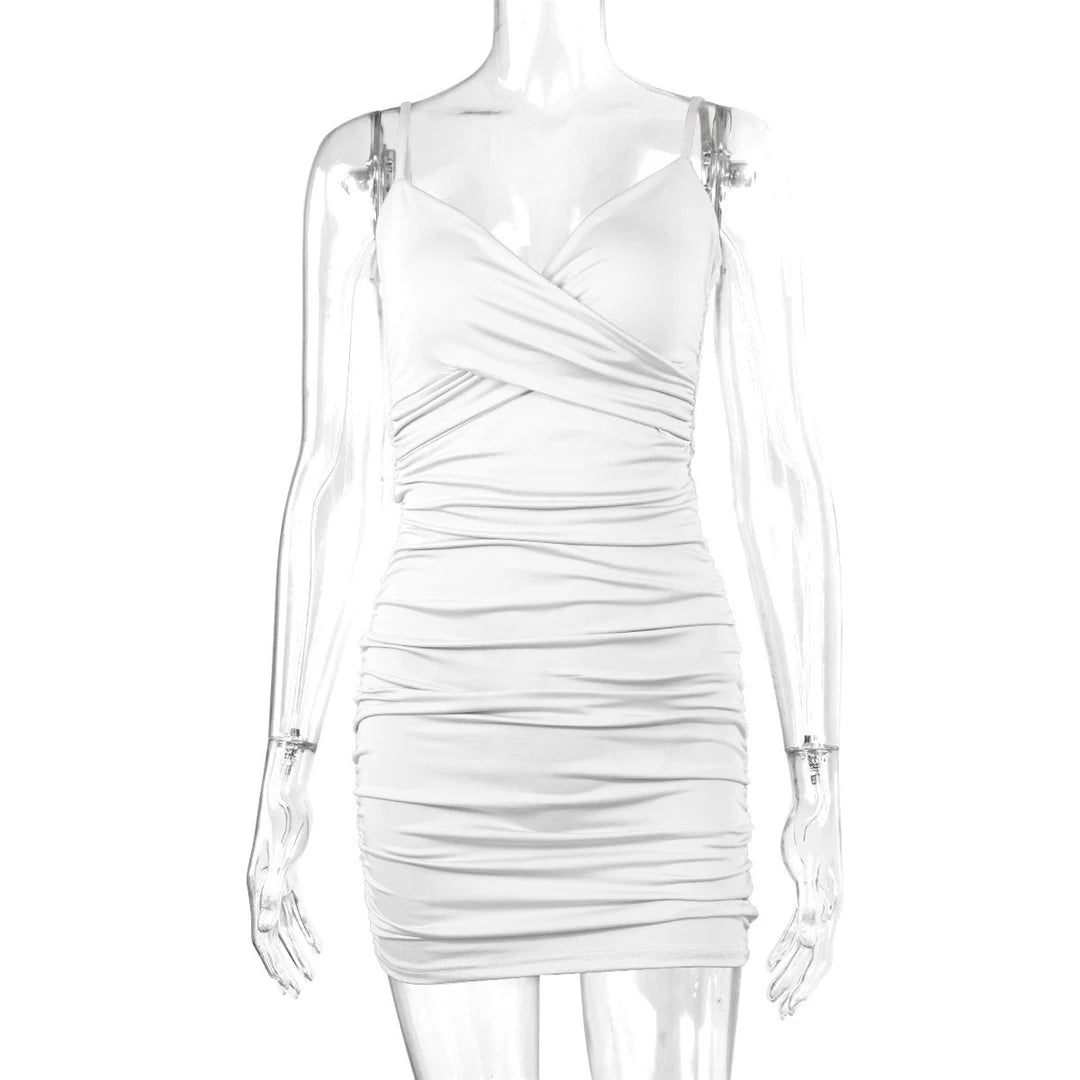 7 Color Sexy Wrinkled Pleated V Neck Sling Dress Short Club Ladies 2025 Summer Bodycon Dress Evening Party Tight Mini Dress D007