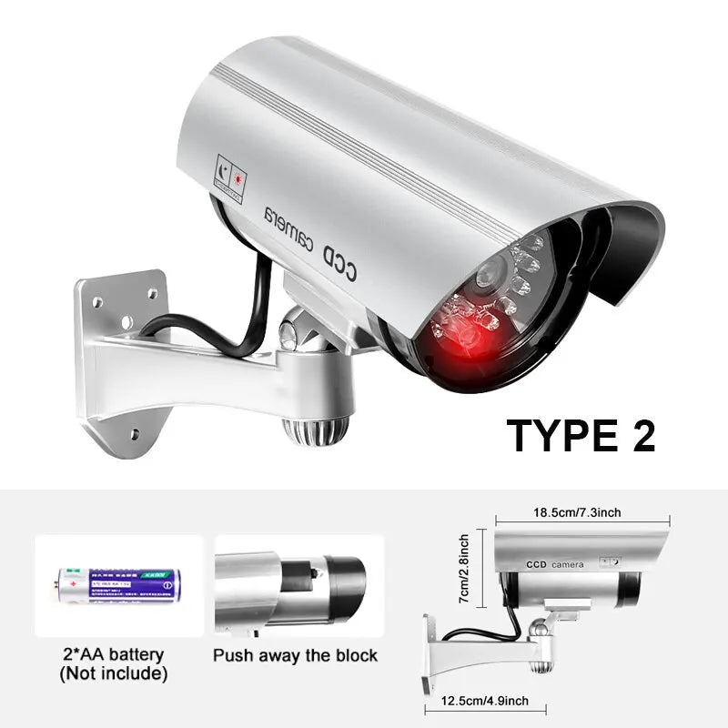 Cámara de seguridad ficticia impermeable para interiores y exteriores, sistema de vigilancia CCTV falso, luces LED rojas intermitentes, sin cableado.
