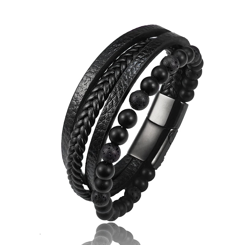 Pulseras de cuentas punk para hombre, estilo clásico, de lapislázuli azul, multicapa, de cuero, joyería, regalo, 2025