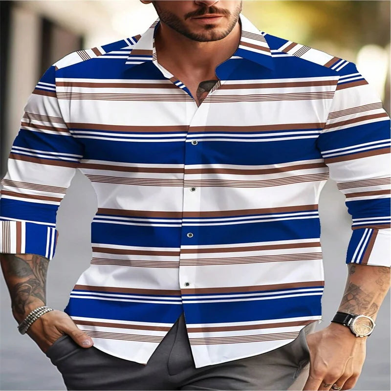 2024 new men's classic striped plaid long-sleeved shirt Men's classic red casual fashion shirt top