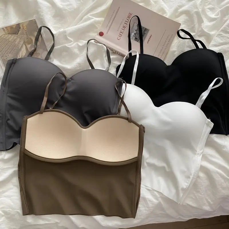 Aishang - Camiseta interior de seda fina sin tirantes para mujer, con espalda francesa, copa fija integrada, para uso exterior, con efecto envuelto en el pecho