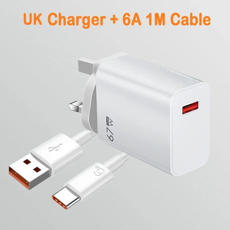 Cargador USB de carga rápida de 67 W con cable tipo C de 6 A para Xiaomi 14 Ultra Pro, Redmi Note 13 Pro, X5, F5 Pro y adaptador de pared para teléfono móvil.