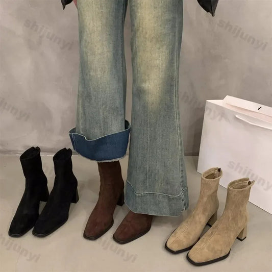 Vintage Women Ankle Boots 2024 Fashion Square Toe Thick High Shoes Autumn Winter New Ladies Elegant Stretch Slim Short Booties