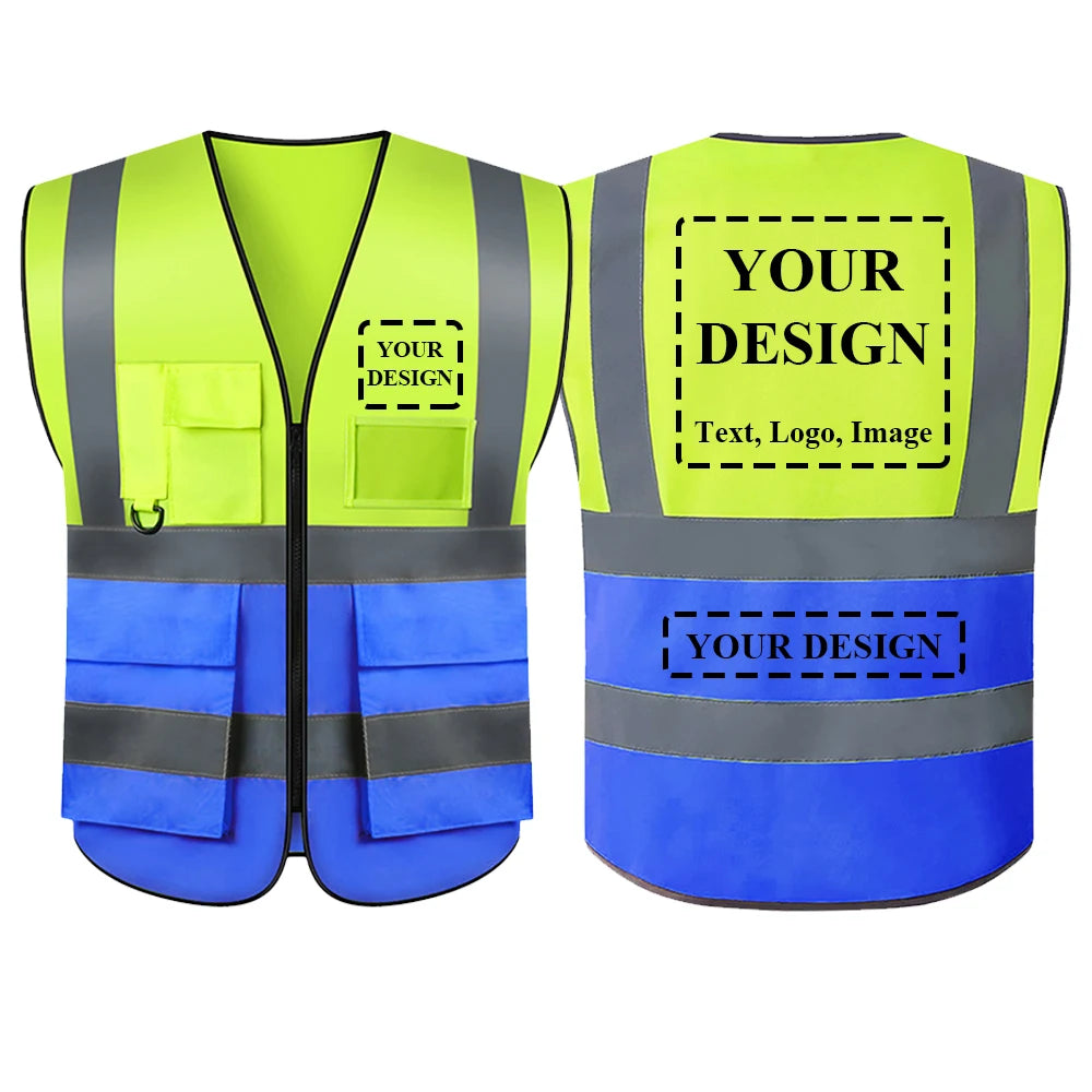 Chaleco de seguridad con logotipo personalizado para hombre y mujer, de alta visibilidad, con bolsillo y cremallera, para trabajo de construcción.
