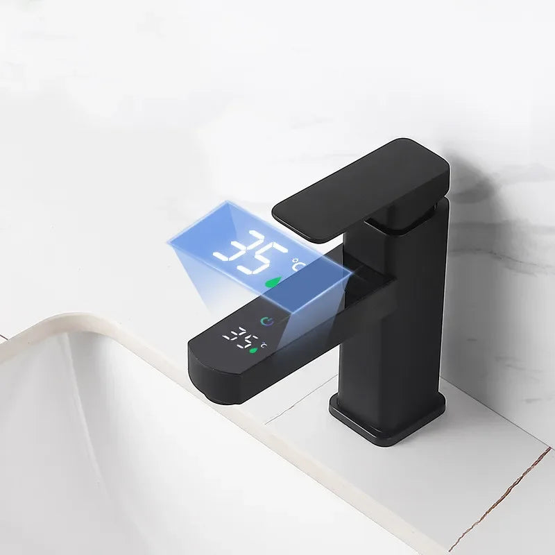 Grifo mezclador digital de temperatura KKTNSG LED para lavabo, con instalación sobre encimera y grifo para agua fría y caliente.