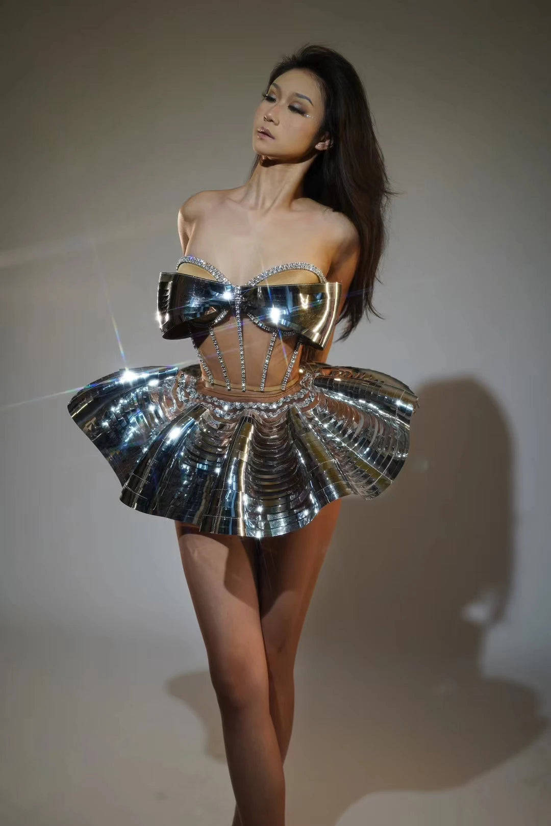 Sexy Diamonds Activity Clothing Women ClubCelebrate Stage Wear Performance Outfit Sparkly GoloSilver Top 2PCS Skirt Sets Y009