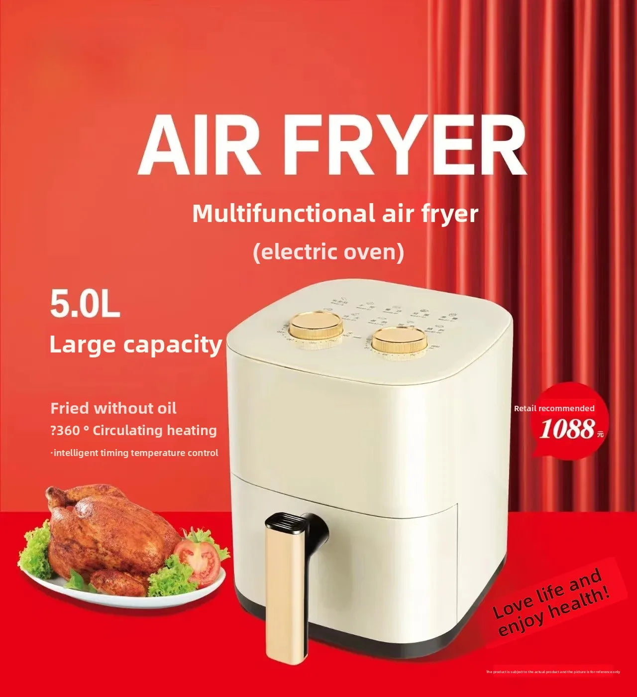 Freidora de aire Camel de gran capacidad, automática, sin humo, para uso doméstico, eléctrica, sin aceite