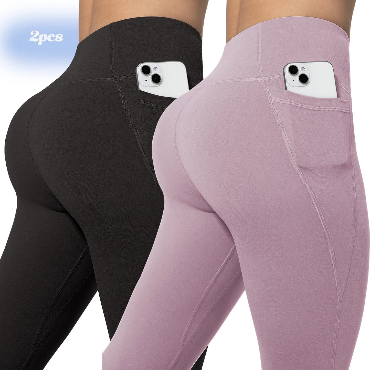 Leggings de yoga para mujer, 2 unidades, con bolsillos, color liso, para gimnasio, actividades al aire libre, cintura alta, ajustados, pantalones deportivos para correr.