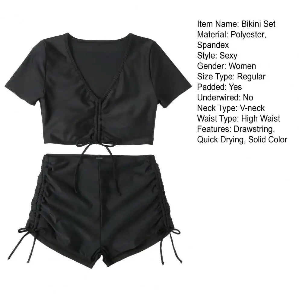 2Pcs/Set Swimsuit for Women Bikini Set V-Neck Short Sleeve Tops High Waist Drawstring Swimming Trunks Quick Drying Swimsuit