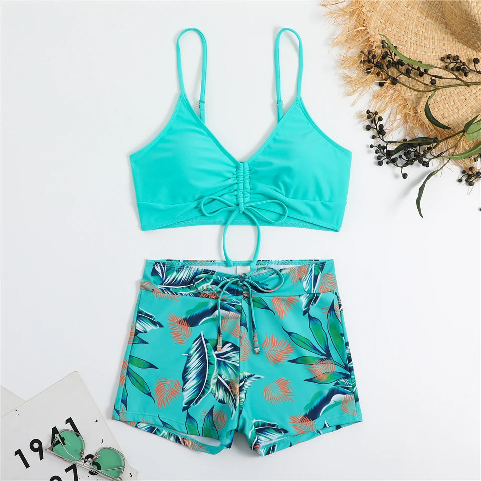 Bikini con cordón y estampado tropical para mujer, traje de baño de cintura alta con lazo frontal, pantalones cortos, traje de baño sexy para mujer, ropa de playa de verano