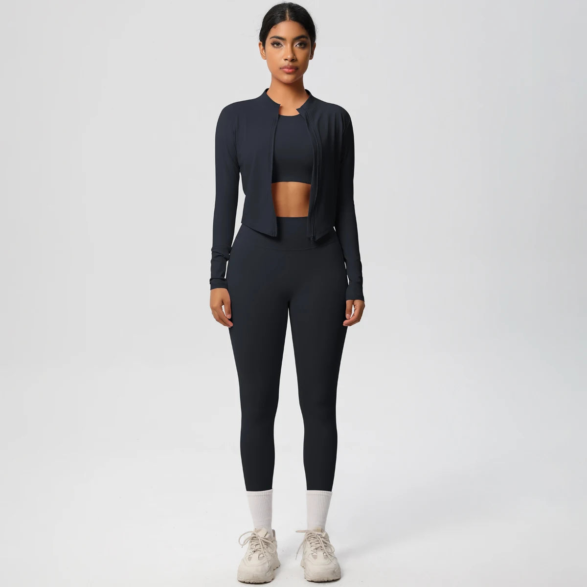 Conjunto de leggings de yoga, top deportivo con cremallera y manga larga, transpirable, para correr al aire libre, pantalones de yoga ajustados e informales, ropa de fitness