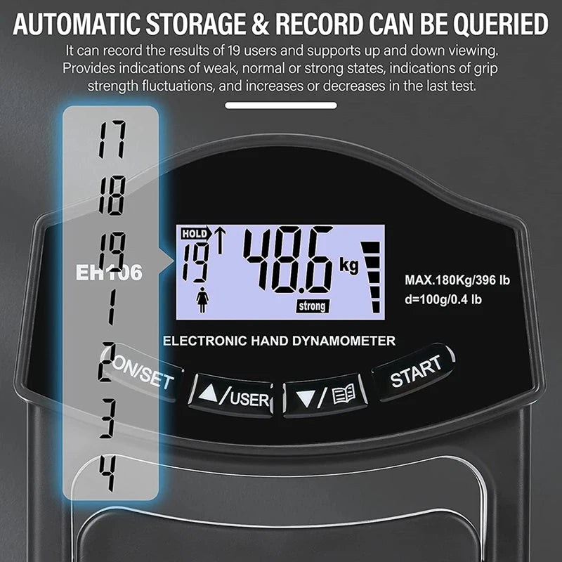 Dinamómetro digital de mano de 180 kg con pantalla LCD para entrenamiento de antebrazo y levantamiento de pesas.