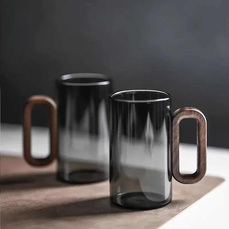 Tazas de té de vidrio de borosilicato de 360 ml, resistentes al calor, transparentes, con mango de madera, para agua potable, para el hogar y la oficina.