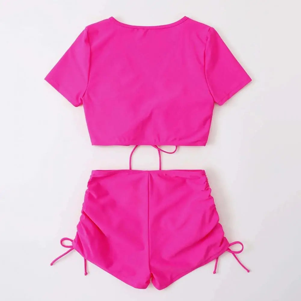 2Pcs/Set Swimsuit for Women Bikini Set V-Neck Short Sleeve Tops High Waist Drawstring Swimming Trunks Quick Drying Swimsuit