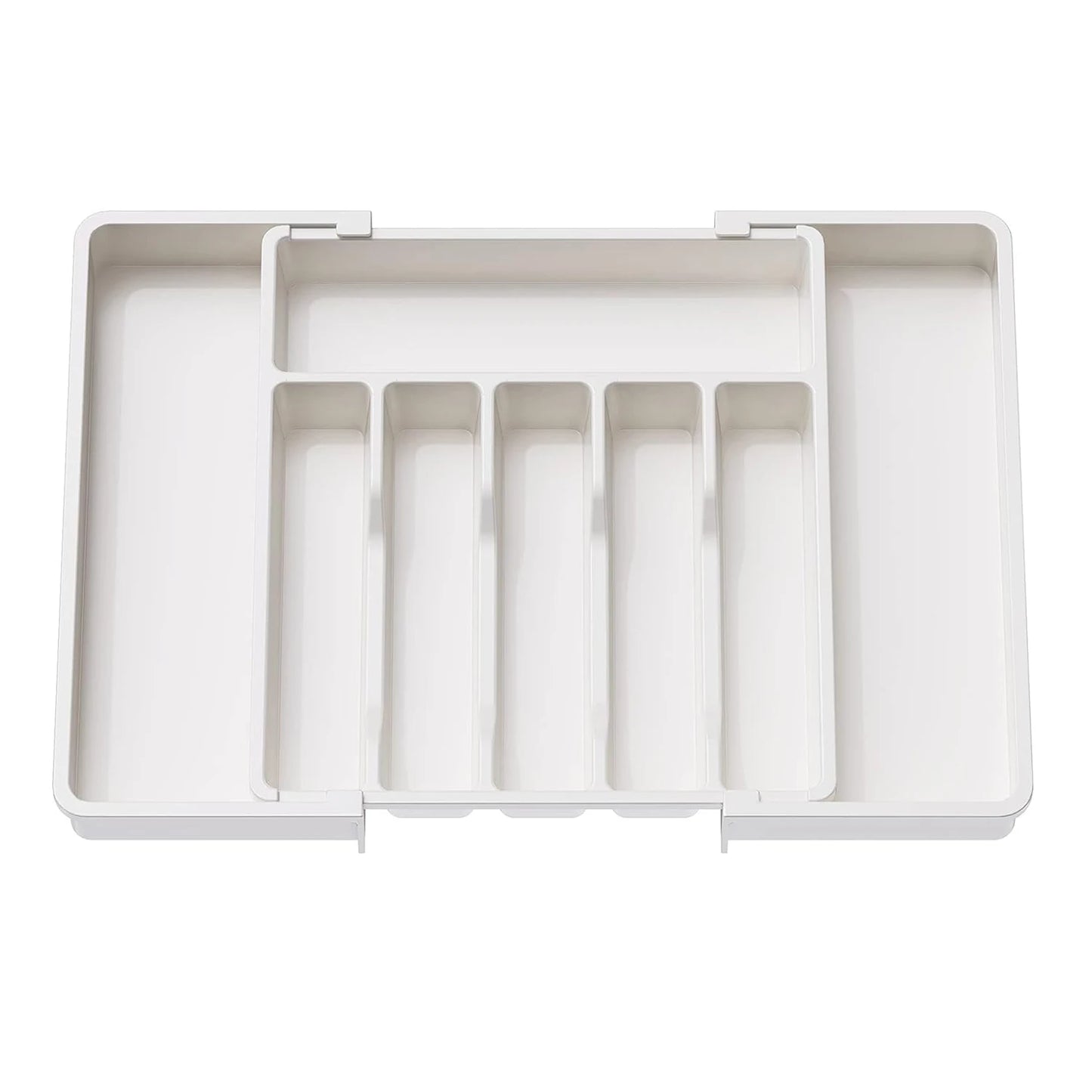 Organizador de cubiertos ajustable con divisores, bandeja de plástico para cucharas, tenedores y cuchillos.