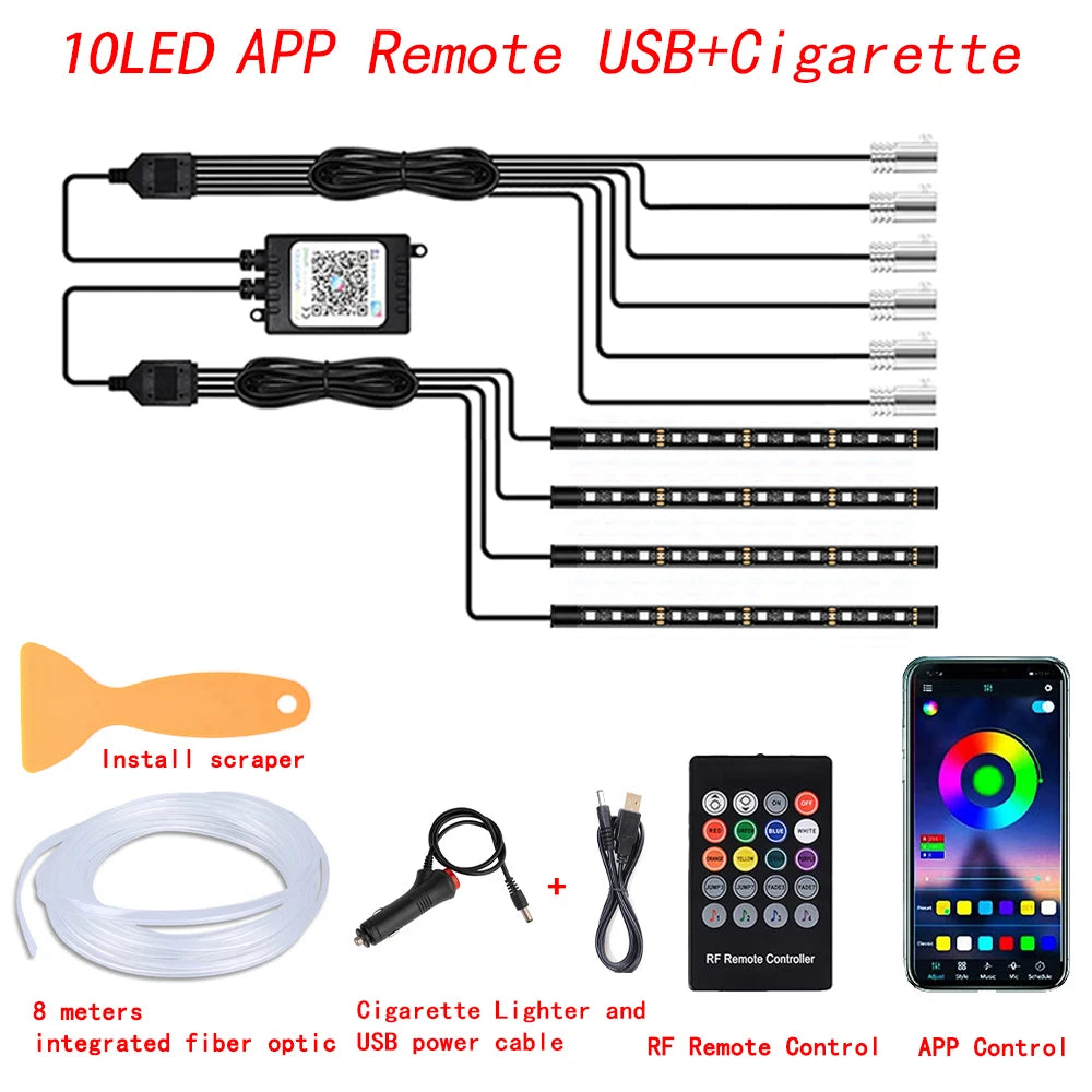 Tira de luces LED para ambiente interior de coche, RGB, fibra óptica, iluminación de neón con control remoto por aplicación, lámparas decorativas para coche