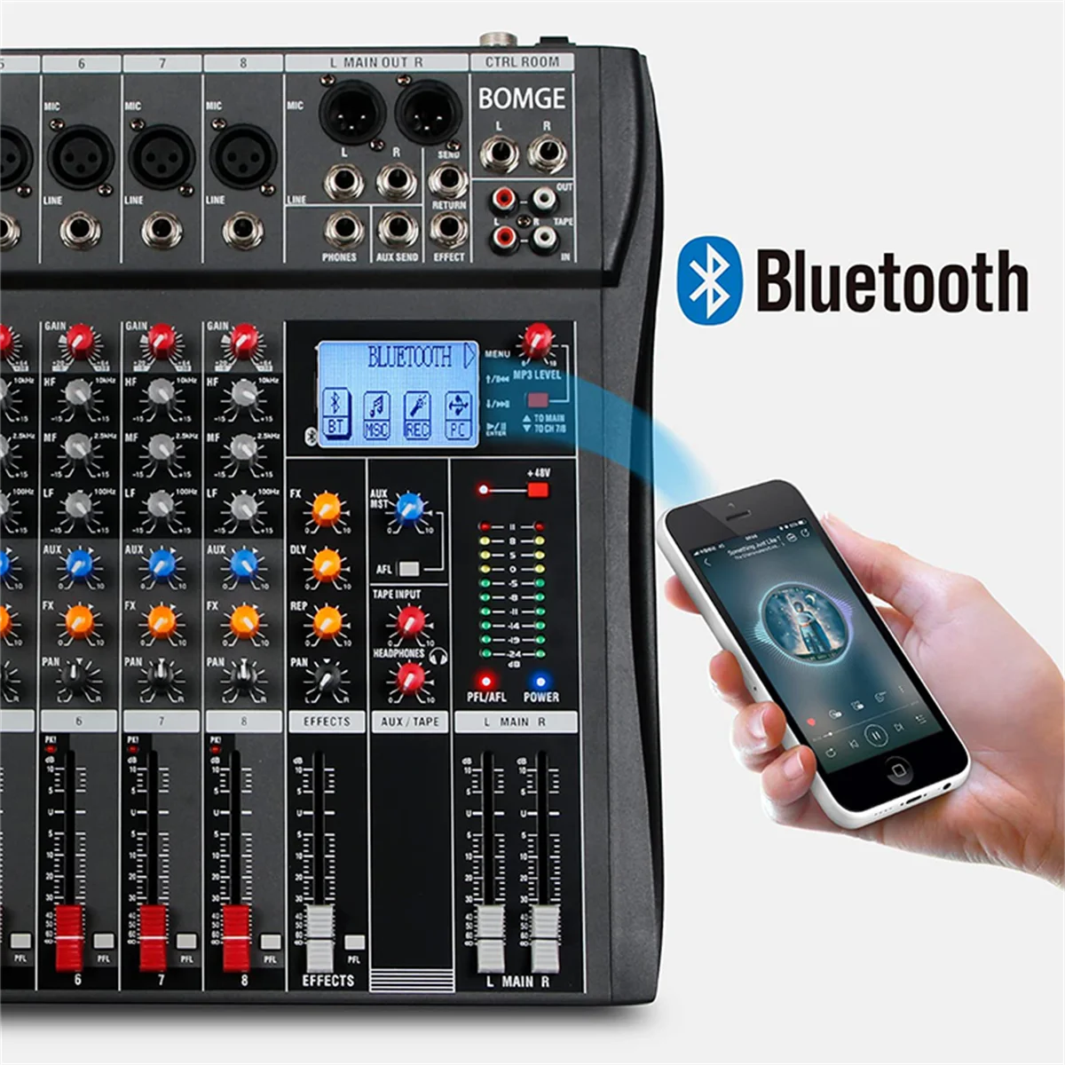 Mezclador de audio BOMGE de 8 canales, consola de mezcla de sonido con Bluetooth, entrada de grabación USB para PC, conector de micrófono XLR, alimentación de 48 V