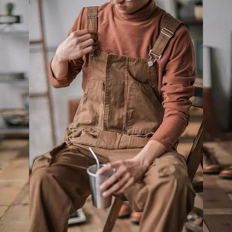 Retro American Cotton Overalls Bibs Loose Washing Jumpsuit Men's Suspenders Four Seasons Full Length Baggy Pants