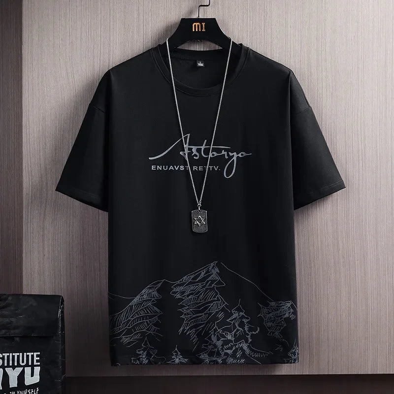 Conjunto deportivo de dos piezas para hombre, camiseta de manga corta a la moda, estilo veraniego, con estampado de montañas nevadas, corte entallado, versión coreana