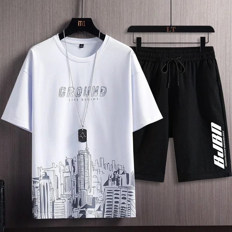Conjunto informal de dos piezas para hombre, camiseta de manga corta y pantalones cortos, estilo veraniego, ropa deportiva y elegante.