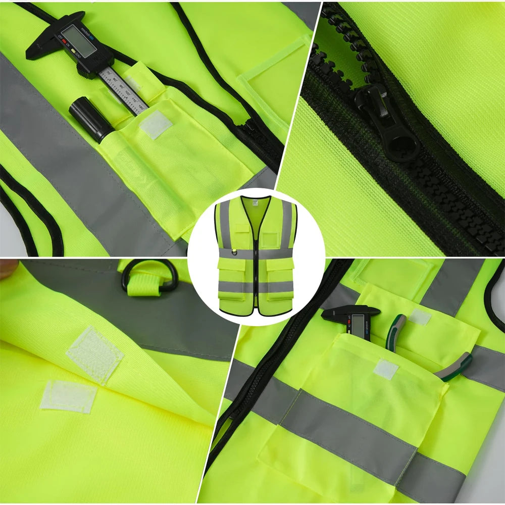 Chaleco de seguridad con logotipo personalizado para hombre y mujer, de alta visibilidad, con bolsillo y cremallera, para trabajo de construcción.