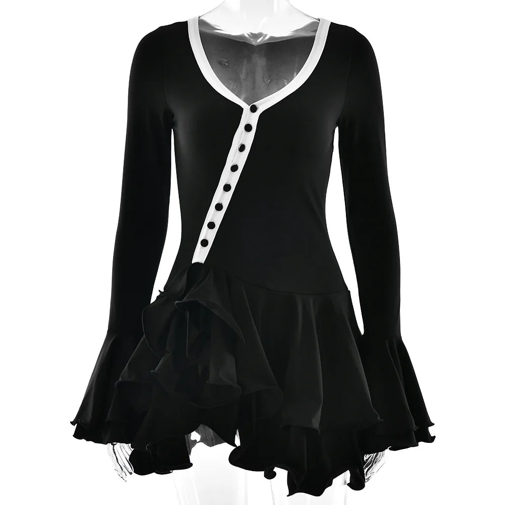 Vestido corto de mujer con volantes, patchwork blanco y negro, manga larga acampanada, encaje y cordones, para fiesta, noche, mini vestido, azul, rosa, rojo.