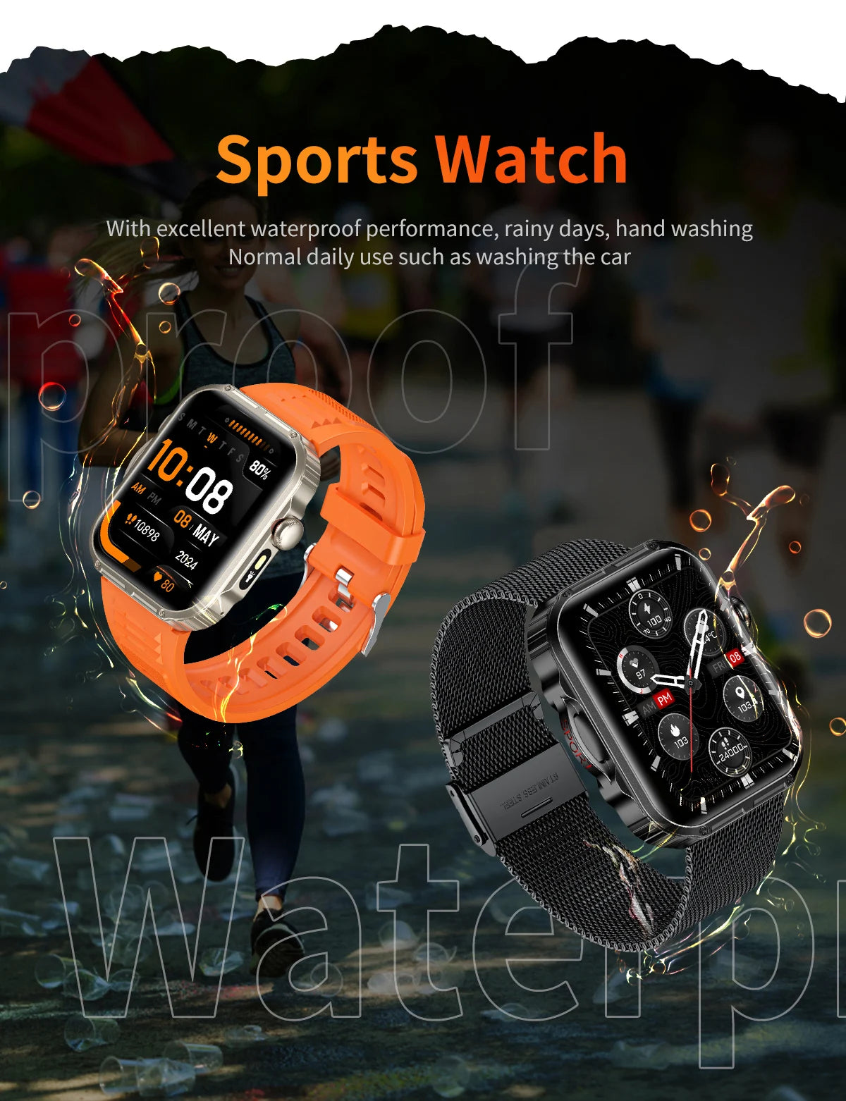 Reloj inteligente de 2,01 pulgadas para hombre y mujer, con linterna LED, control del ritmo cardíaco, para deportes al aire libre y fitness, resistente al agua