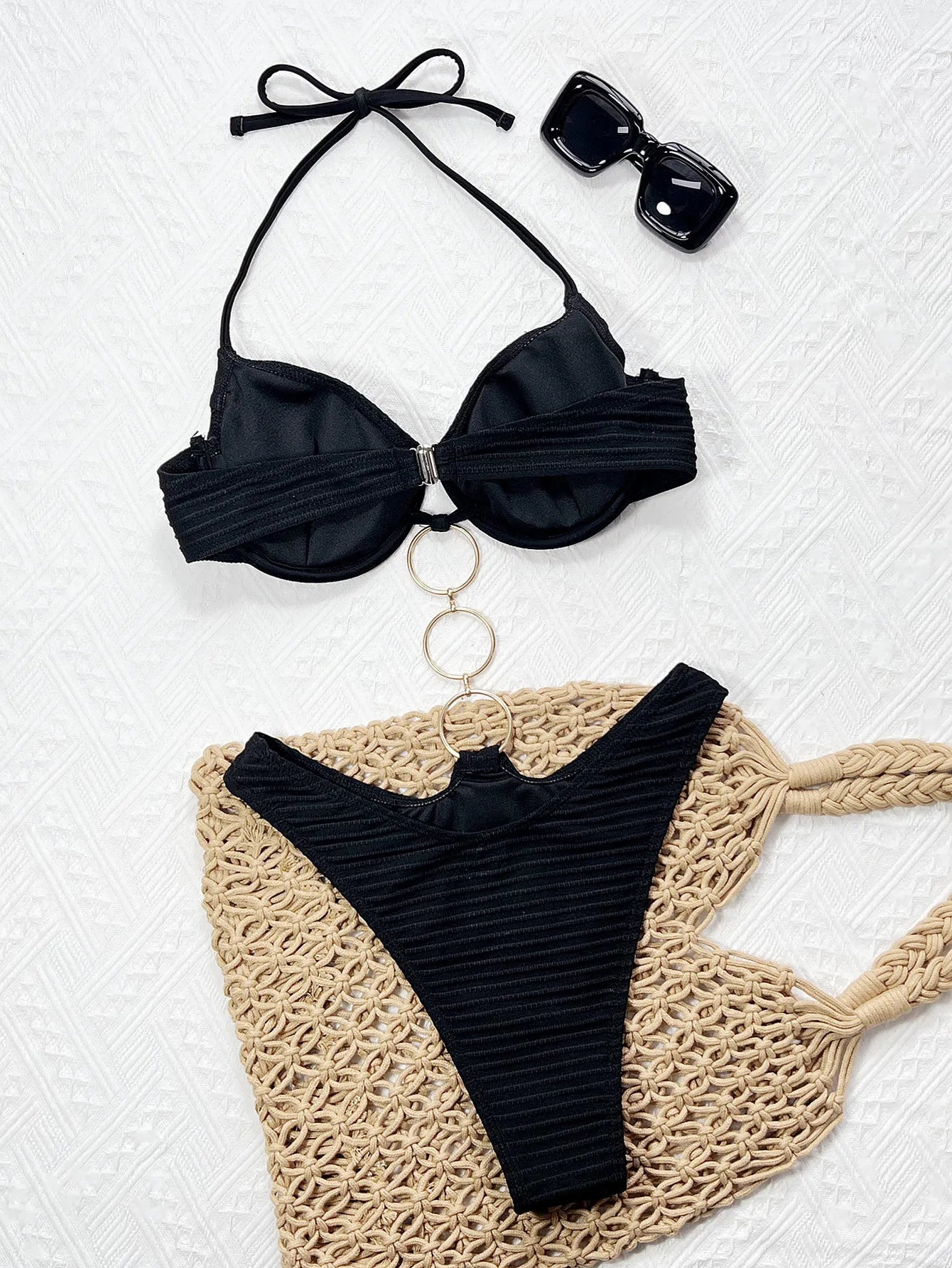Vigoashely 2025 Women Sexy Black Hollow Swimwear Tied Halter Push UP One Piece Swimsuit Monokini Lady Push UP Beach Bathing Suit