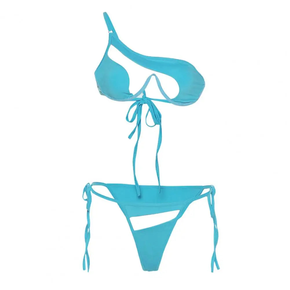 Conjunto de bikini de dos piezas con tirantes finos y un hombro, cintura alta, para playa, con perspectiva de retazos de hilo de red, bikinis sexys