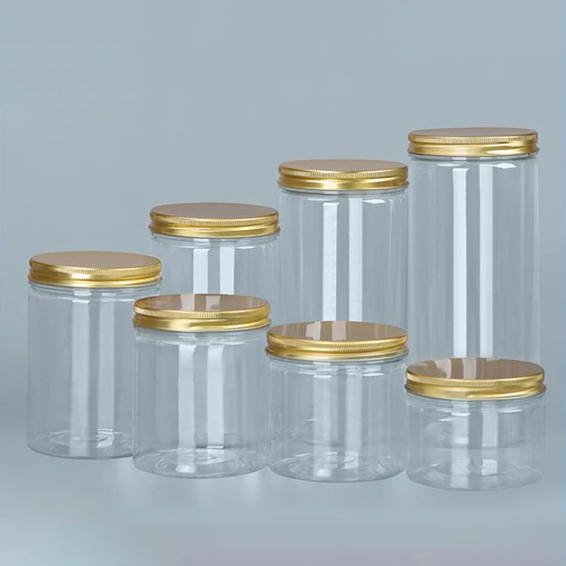 Frasco de plástico transparente de 15 tamaños con tapas de aluminio rosa, contenedor vacío para crema facial, contenedor de cosméticos, botellas rellenables de viaje doradas.